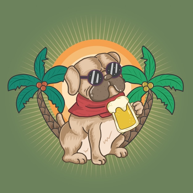 Pug y cerveza en verano