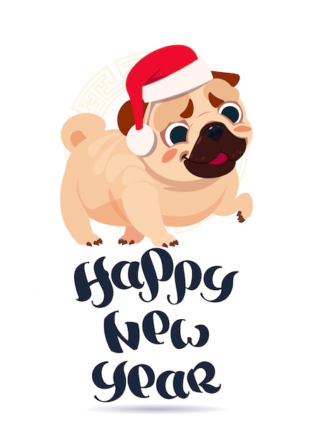 Pug Dog en Santa Hat en feliz año nuevo tarjeta de felicitación Banner de vacaciones