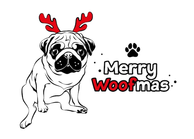 Vector pug lindo con cuernos de reno rojo texto feliz woofmas