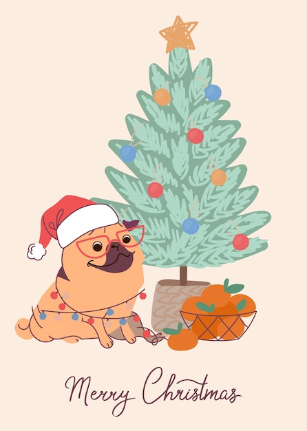 Pug lindo perro en tarjeta de Navidad