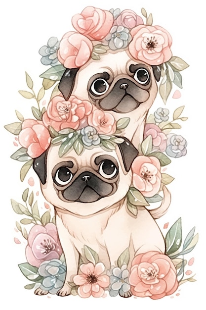 Vector pugs en una corona de flores