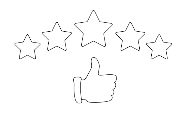 Pulgar hacia arriba apuntando a comentarios positivos de cinco estrellas. Calificación, evaluación, éxito, retroalimentación, calidad.