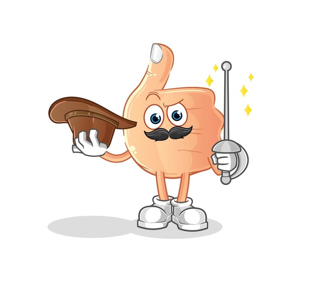 Pulgar hacia arriba el carácter de esgrimista. vector de mascota de dibujos animados