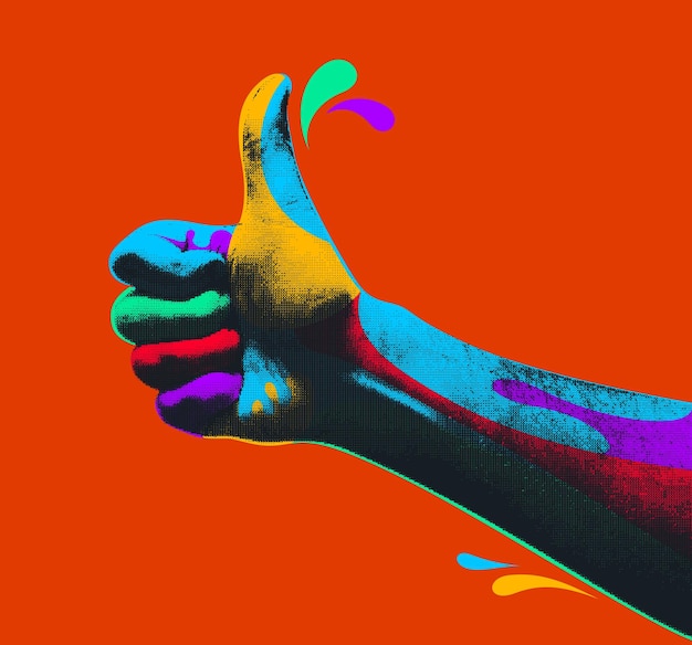 Pulgar hacia arriba como la mano semitono con salpicaduras de pintura de colores diseño vectorial