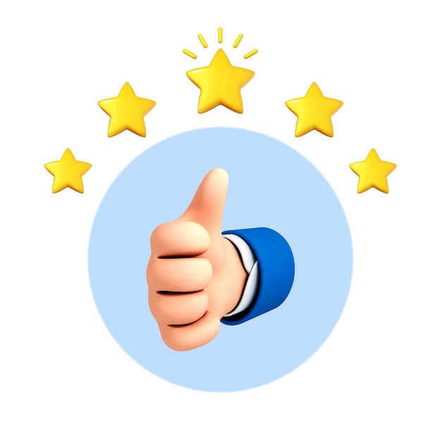 Pulgar de la mano de dibujos animados en 3D para el éxito o la buena retroalimentación Calificación de cinco estrellas Concepto positivo y símbolo similar Calificación de revisión del cliente y concepto de retroalimentación del cliente Ilustración 3d vectorial