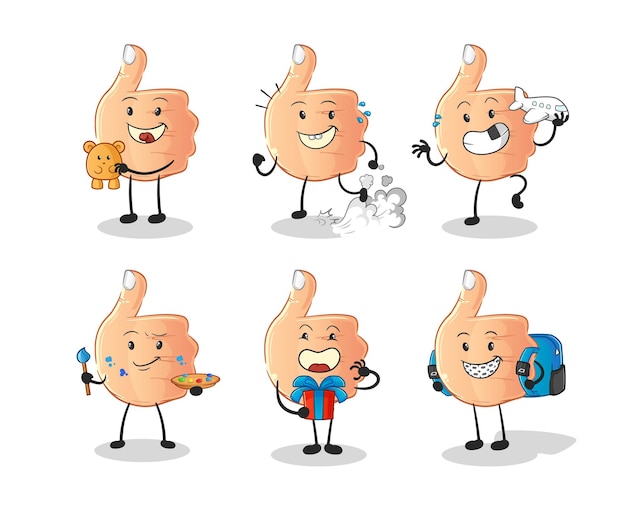 Pulgares hacia arriba el carácter del grupo de niños. vector de mascota de dibujos animados
