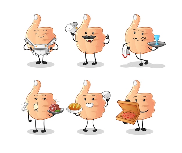 Pulgares arriba carácter de grupo de restaurante. vector de mascota de dibujos animados