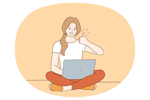 Pulgares hacia arriba y concepto independiente Mujer joven sonriente sentada con una computadora portátil en las manos trabajando como independiente que tiene un trabajo remoto que muestra los pulgares hacia arriba con los dedos ilustración vectorial