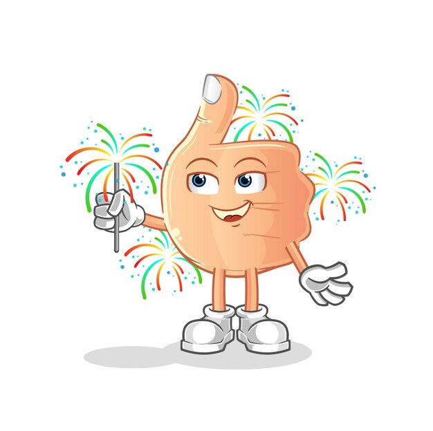 Pulgares arriba con mascota de fuegos artificiales. vector de dibujos animados