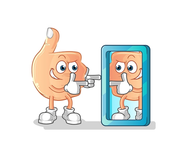 Pulgares para arriba mirando en dibujos animados de espejo. vector de mascota de dibujos animados