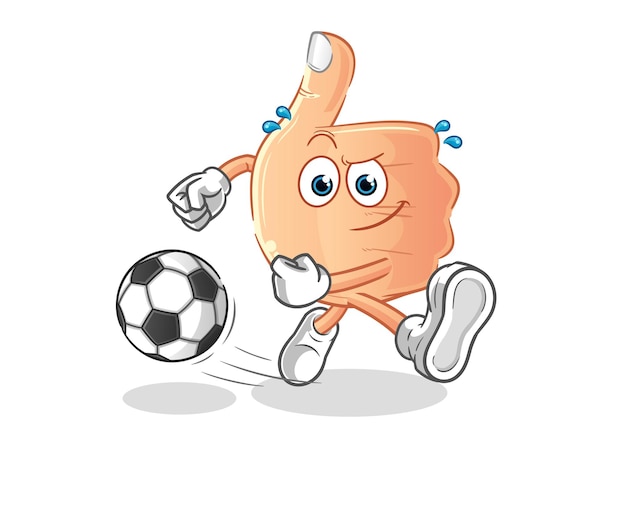 Pulgares arriba pateando la bola de dibujos animados. vector de mascota de dibujos animados