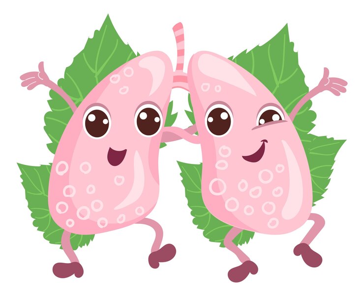 Vector pulmones felices respiran aire limpio y natural mascota de salud aislada sobre fondo blanco
