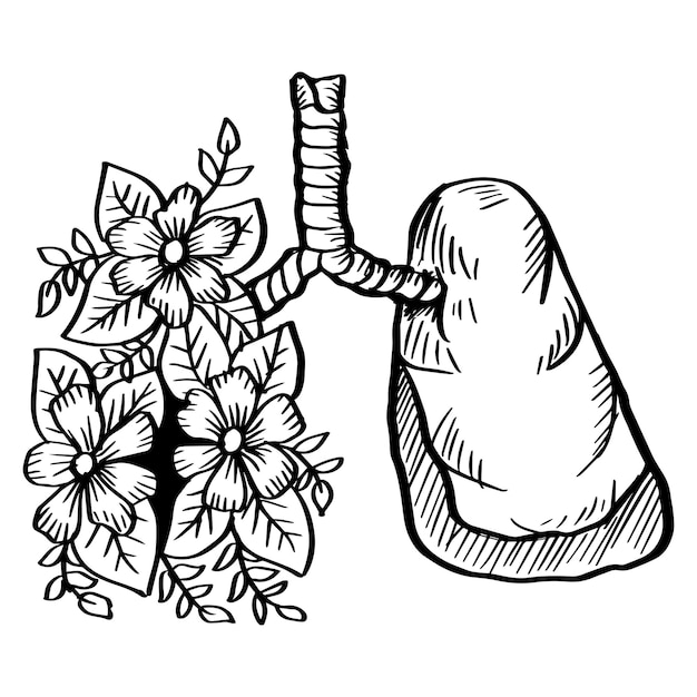 Pulmones con flores dibujo a mano ilustración.