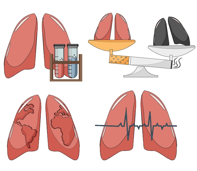pulmones humanos delineados en contorno negro con diferentes elementos que simbolizan la importancia de la investigación
