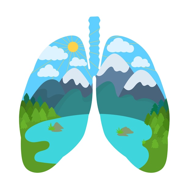 Vector pulmones con montañas y lago salud y medicina o concepto de entorno verde natural