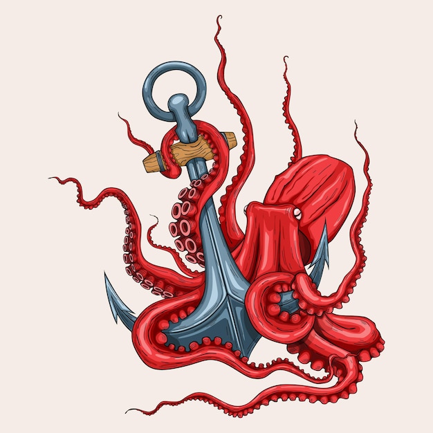 Pulpo con un ancla aislado en blanco ilustración vectorial