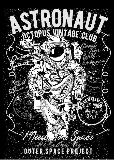 Pulpo astronaus, cartel de ilustración vintage.