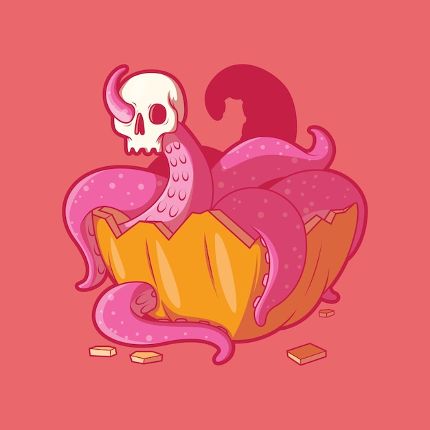 Vector pulpo dentro de calabaza con una ilustración de vector de calavera concepto de diseño de terror divertido de halloween