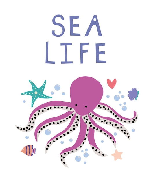 Pulpo de dibujo a mano y diseño de impresión de elementos lindos con eslogan Diseño de ilustración de Sea Life Vector para telas de moda estampados gráficos textiles EPS