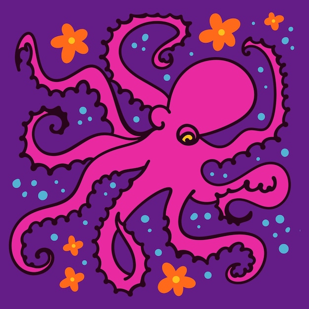 Vector pulpo de dibujos animados de fideos planos azules, animal de calamar de tentáculos, ilustración vectorial dibujada a mano aislada