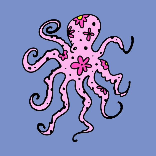 Vector pulpo de dibujos animados de fideos planos azules, animal de calamar de tentáculos, ilustración vectorial dibujada a mano aislada