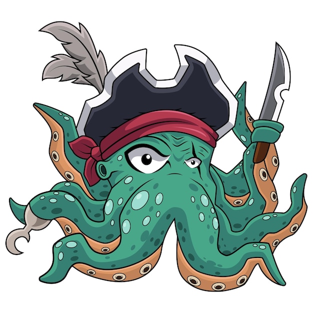 Vector un pulpo de dibujos animados con un sombrero de pirata