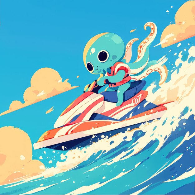 Un pulpo está montando un estilo de dibujos animados de jet ski