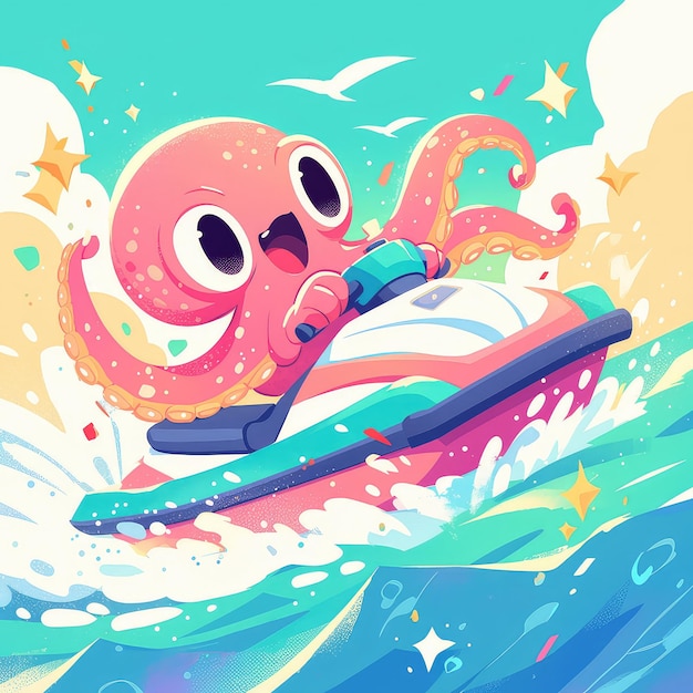 Un pulpo está montando un estilo de dibujos animados de jet ski