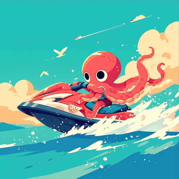 Un pulpo está montando un estilo de dibujos animados de jet ski