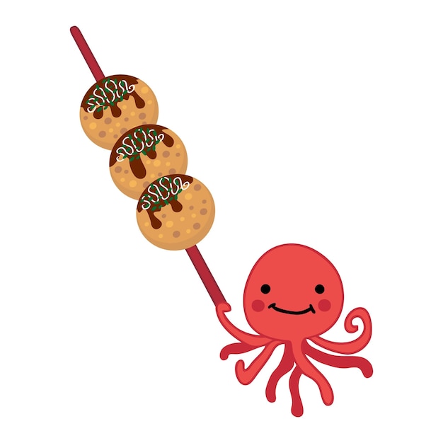 Pulpo feliz con bolas fritas takoyaki en palillos perfecto para la etiqueta engomada del cartel de la camiseta y la impresión ilustración vectorial aislada para la decoración y el diseño