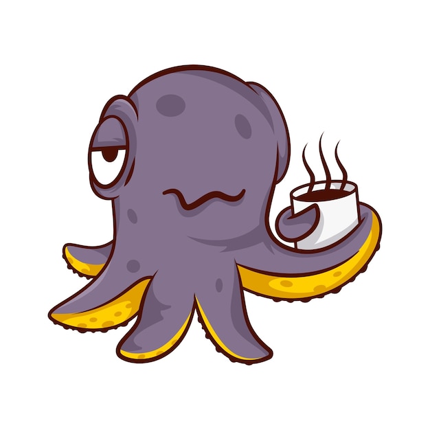 Pulpo humanizado púrpura sosteniendo una taza de café caliente criatura marina con personaje de dibujos animados de tentáculos