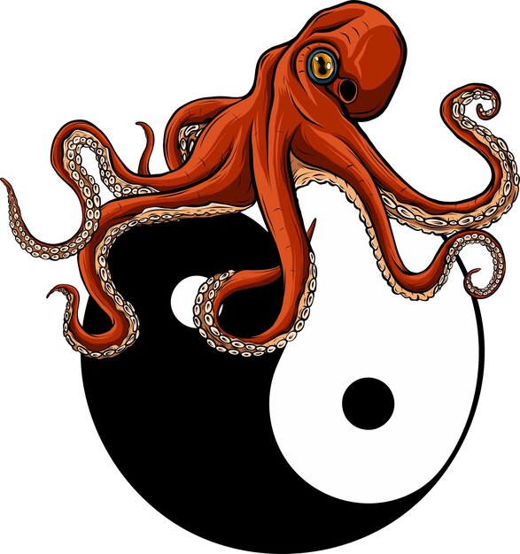 Vector pulpo joven de dibujos animados ilustración vectorial en estilo de dibujos animados para el tema del mar de verano yin yang