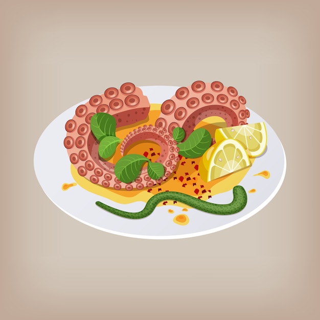 Vector pulpo con limón en un plato. ilustración