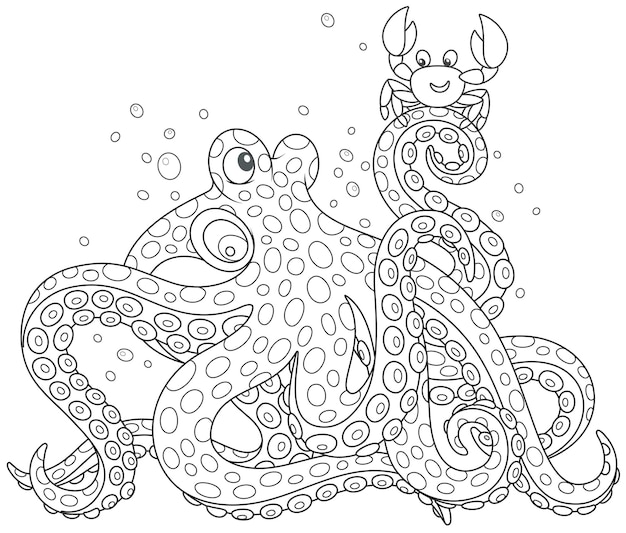 Pulpo manchado grande hablando con un pequeño cangrejo divertido