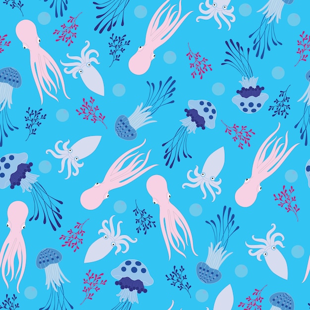 Vector pulpo y medusas de patrones sin fisuras.