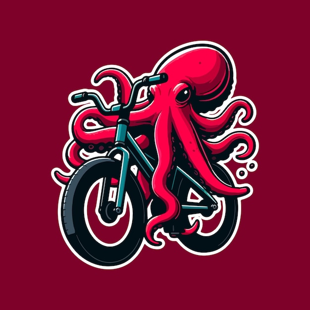 Vector pulpo montando una bicicleta ilustración de la mascota de un enorme pulpo violeta montando en bicicleta