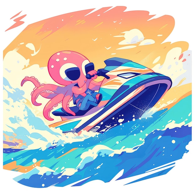 Un pulpo está montando un estilo de dibujos animados de jet ski