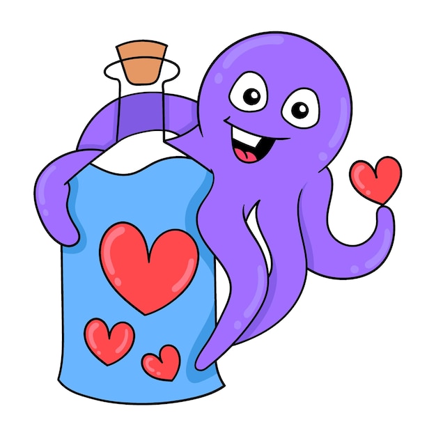 Pulpo morado abrazando una botella llena de amor de san valentín doodle icono imagen kawaii