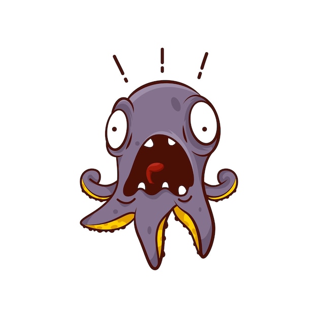 Pulpo morado con expresión de cara asustada criatura marina gritando diseño de vectores de personajes de dibujos animados