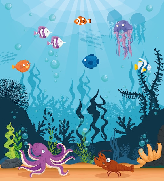 Pulpo con peces, animales marinos salvajes en el océano, habitantes del mundo marino, lindas criaturas submarinas, concepto marino del hábitat