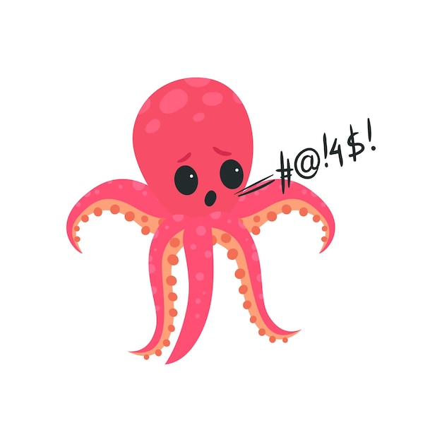 Pulpo rosa se enoja y jura en voz alta Personaje de dibujos animados de criatura marina Lenguaje sucio Molusco grosero que muestra emoción enojada Concepto de mal hábito Ilustración vectorial en estilo plano aislado en blanco