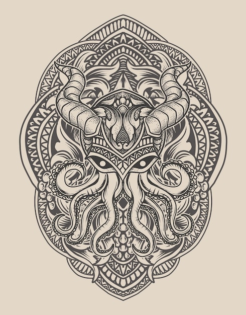 Pulpo vintage de ilustración con estilo de ornamento de grabado