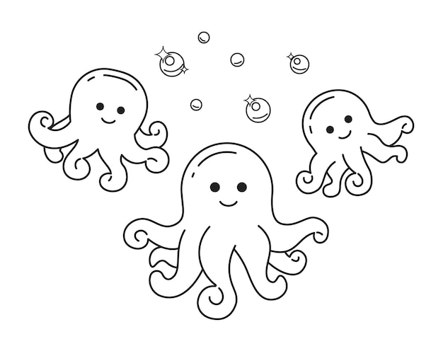 Pulpos sonrientes con burbujas brillantes personajes vectoriales planos monocromáticos criaturas marinas de ensueño personajes de cuerpo completo de línea delgada editable en blanco imagen de punto de dibujos animados simple bw para diseño web