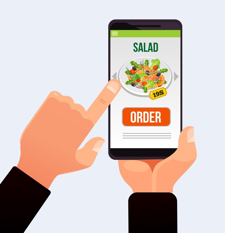 Vector pulsador de mano del cliente en la pantalla táctil del teléfono inteligente y hacer pedidos de comida a domicilio. ofrezca tecnología de aplicaciones de sitios web.