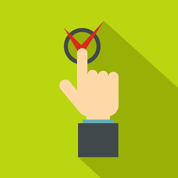 Vector pulsar el botón con el dedo de la mano con el icono de marca roja. ilustración plana del dedo de la mano presionando el botón con el icono de vector de marca roja para web aislado sobre fondo de lima