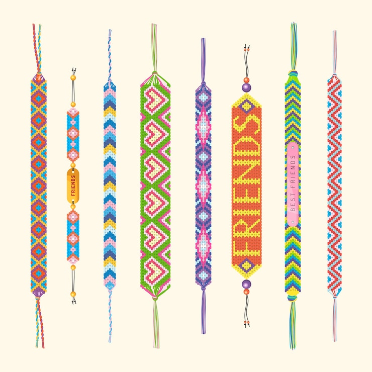 Vector pulsera amistad joyería étnica hecha a mano símbolos conectados pulsera vector reciente colección de plantillas de colores pulsera hecha a mano zigzag accesorios tribales ilustración
