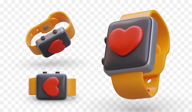 Pulsera fitness en diferentes posiciones Reloj inteligente realista con corazón en pantalla