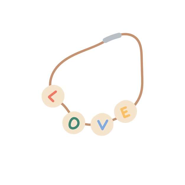 Pulsera hecha a mano en cuerda con texto de amor en piedras de playa Brazalete de joyería DIY para niños Pulsera hecha a mano artesanal Joyería de verano Ilustración vectorial plana aislada en fondo blanco