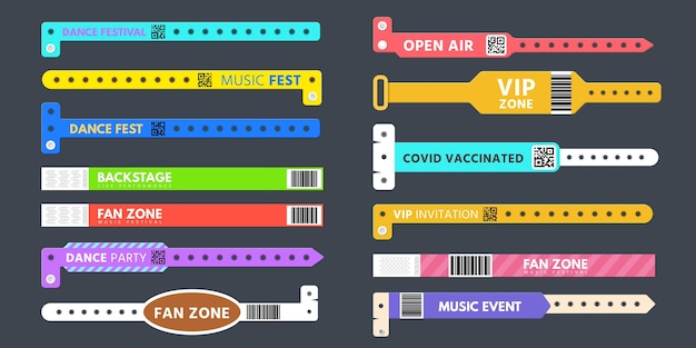 Pulsera de plástico de entrada al evento pulsera de pase para concierto Pulsera con código qr covid vacunado Conjunto de vectores de control de acceso de fiesta Vip