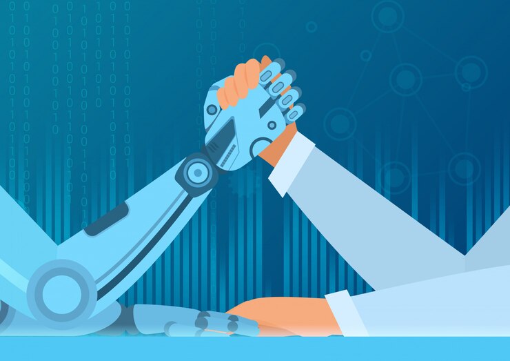 Vector pulso humano con robot. lucha del hombre vs robot. concepto de ilustración de inteligencia artificial.